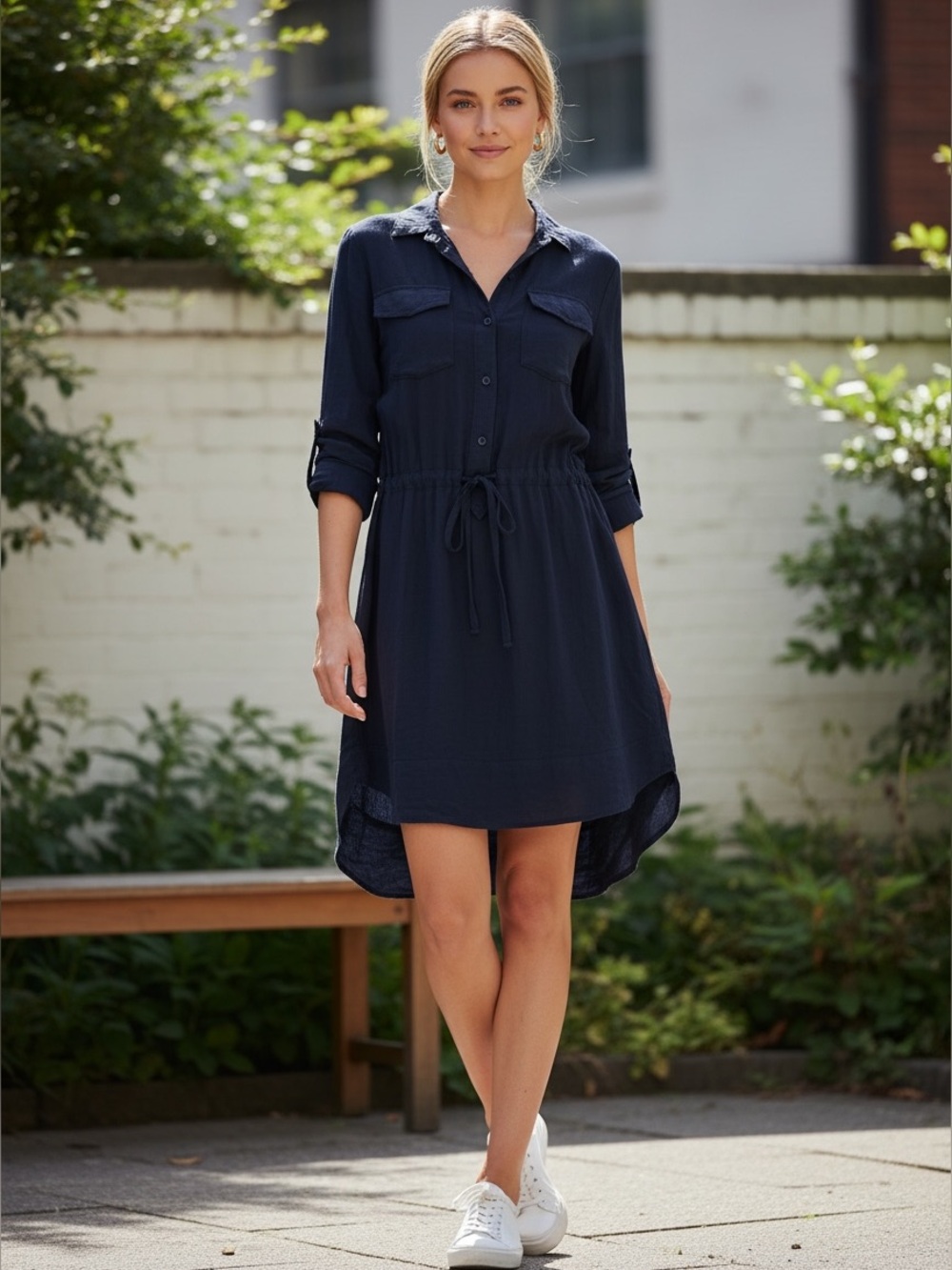 Cloth‎ & Stone Drawstring Shirt Dress Navy Blue Rayon Tunic Dress Small